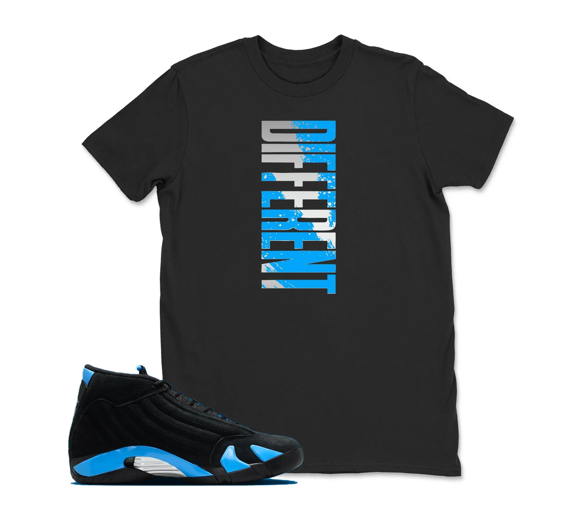 Different Sneaker Tees - Jordan 14 University Blue Matching Sneaker Tee Shirt Black