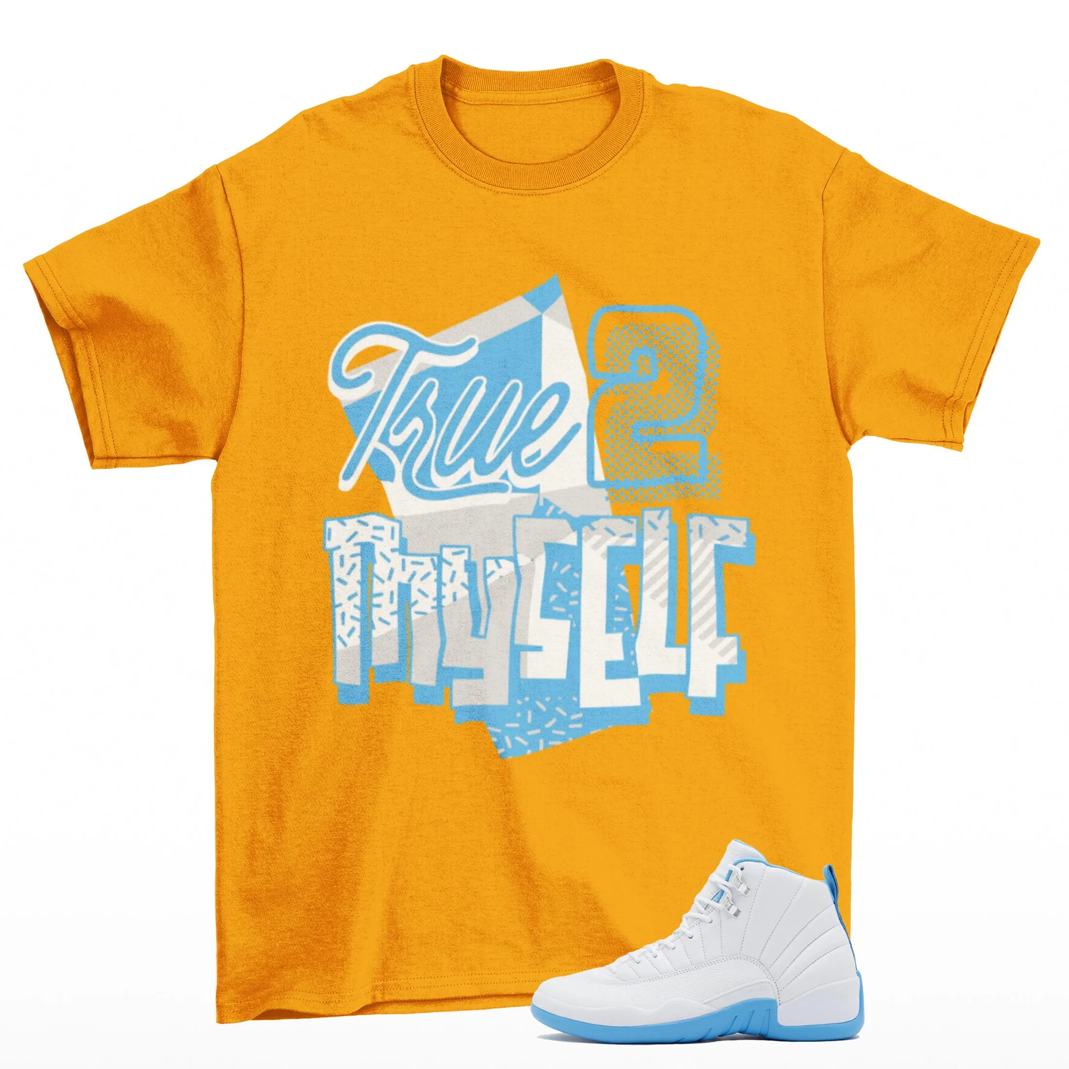 Stay True Jordan 12 Melo university Blue Sneaker Matching Tee Shirt Gold