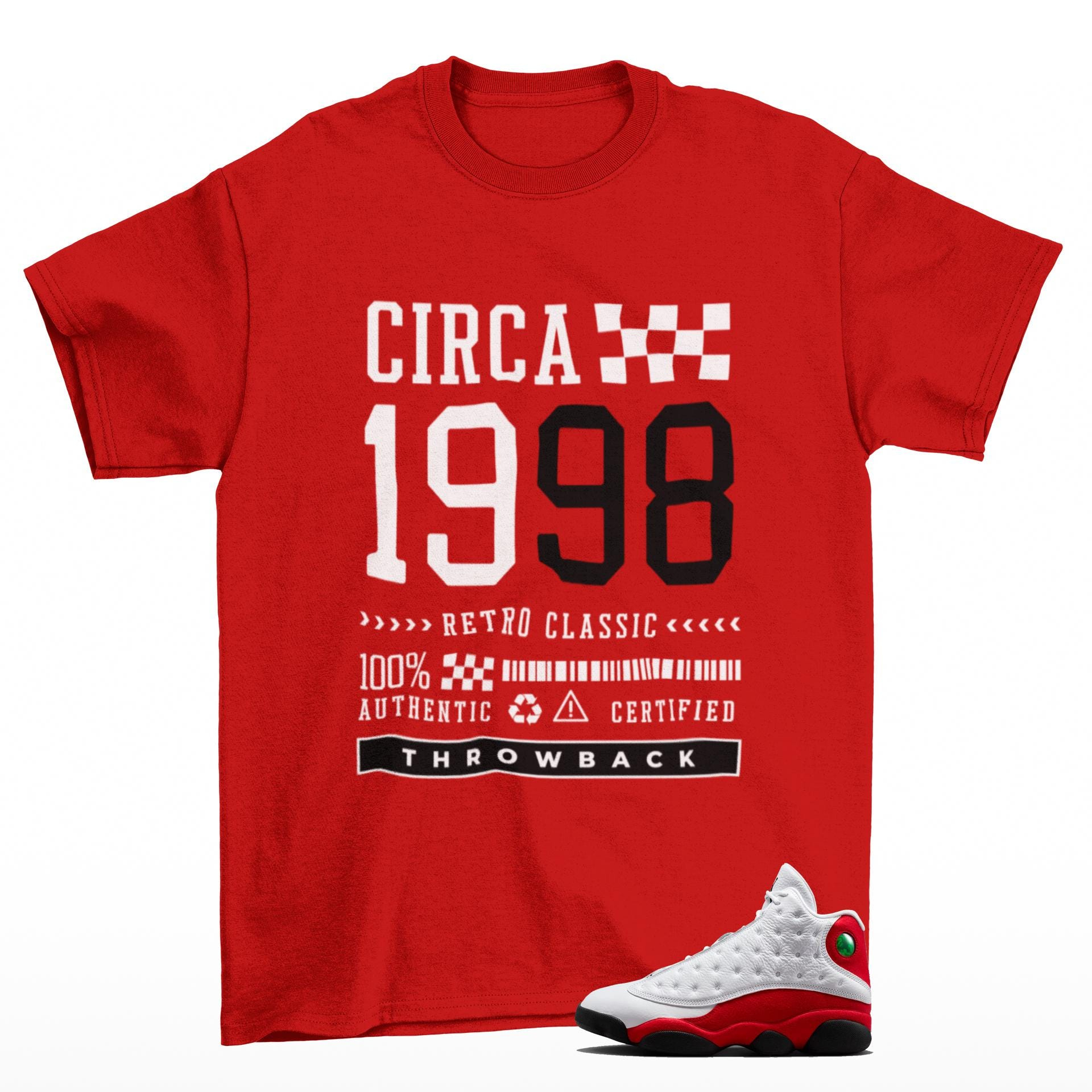 Throwback 1998 Sneaker T Shirt Matching Jordan 13 OG Chicago Red/White