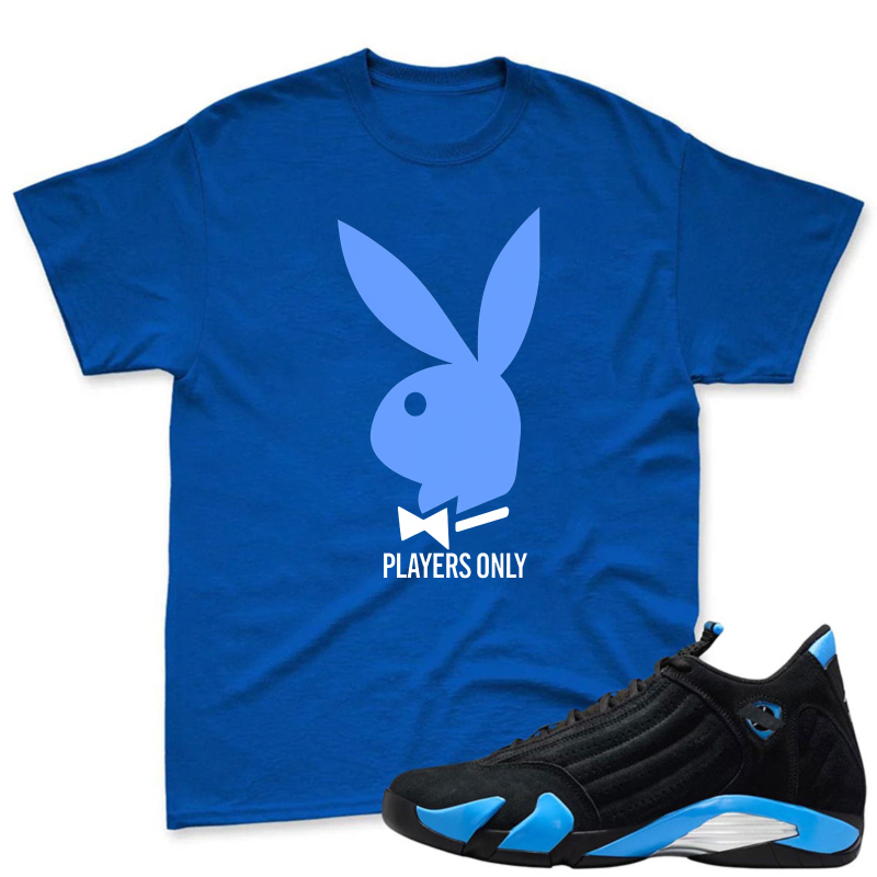 Blue Bunny With Bow Tie Players Only Shirt To Match Jordan 14 Black And University Blue - Sneaker Match Shirt