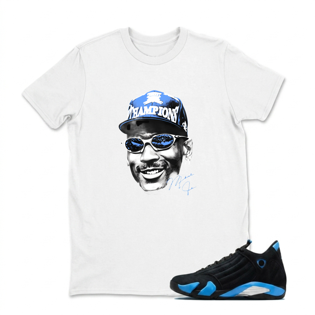 Champions Hat Sunglasses Signature Face Sneaker T Shirt Matching Jordan 14 University Blue