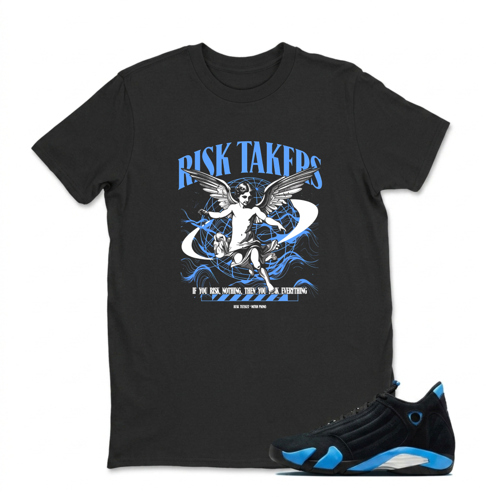 Risk Takers Angel Design Blue Flames Sneaker T Shirt Matching Jordan 14 University Blue