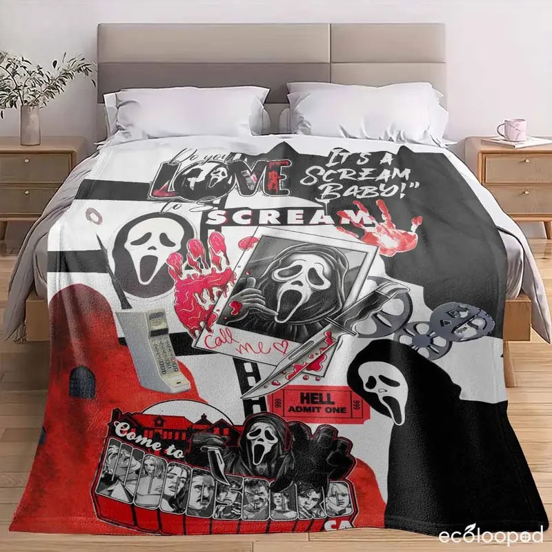 Spooky Ghost Mask Flannel Blanket Ultra Soft Anti-Pilling Halloween Decor Travel Throw