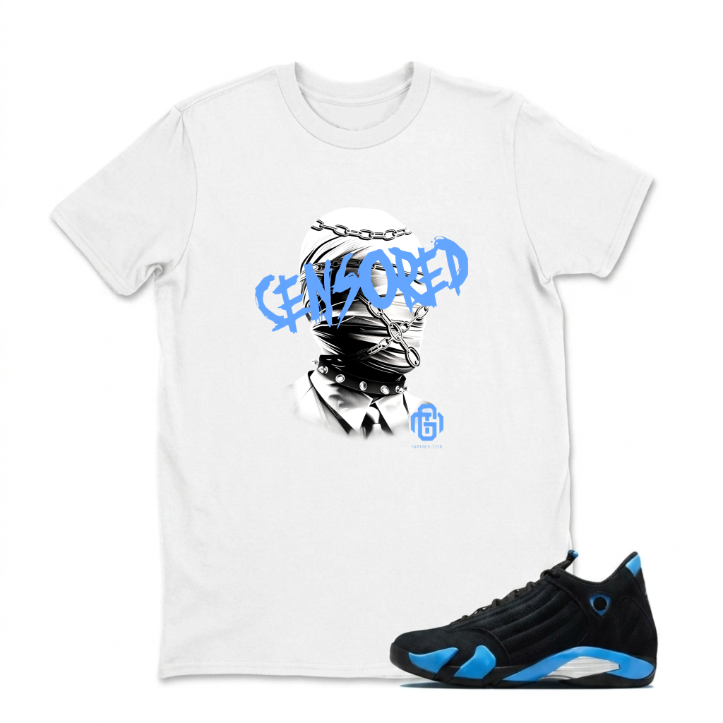 Censored Masked Figure With Chain And Tie Sneaker T Shirt Matching Jordan 14 University Blue