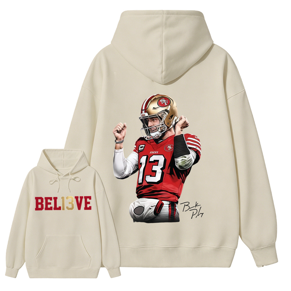 Number 13 Believe Football Graphic Hoodie, Quarterback Game Day Sports Fan Hoodie