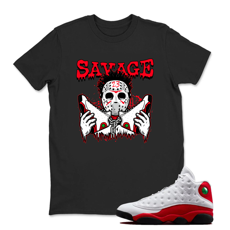 Savage Masked Figure Holding Knives Sneaker T Shirt Matching Jordan 13 OG Chicago Red/White