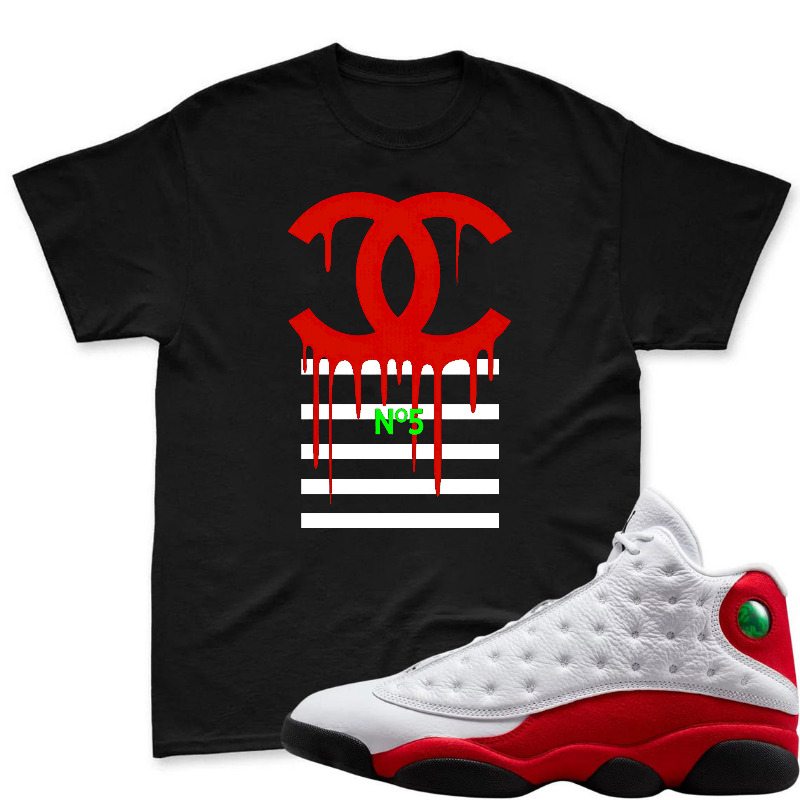 Chanel Logo Drip Design Shirt To Match Air Jordan 13 Chicago - Sneaker Match Shirt