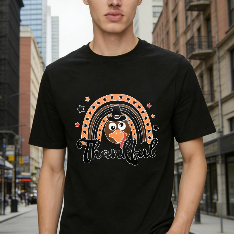 Cute Turkey Wearing Pilgrim Hat Under Rainbow With Stars And Thankful Text Unisex Classic T-shirt