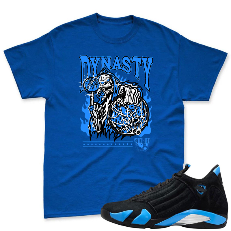 Dynasty Skeleton Basketball Blue Flame Sneaker T Shirt Matching Jordan 14 University Blue