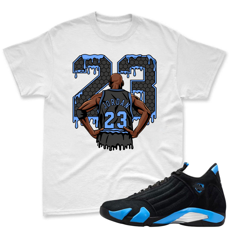 Number 23 Jordan Player Back View Shirt To Match Jordan 14 Black And University Blue Sneaker Match Shirt