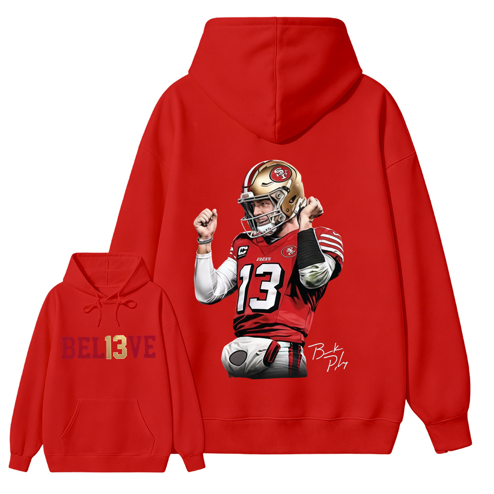 Number 13 Believe Football Graphic Hoodie, Quarterback Game Day Sports Fan Hoodie