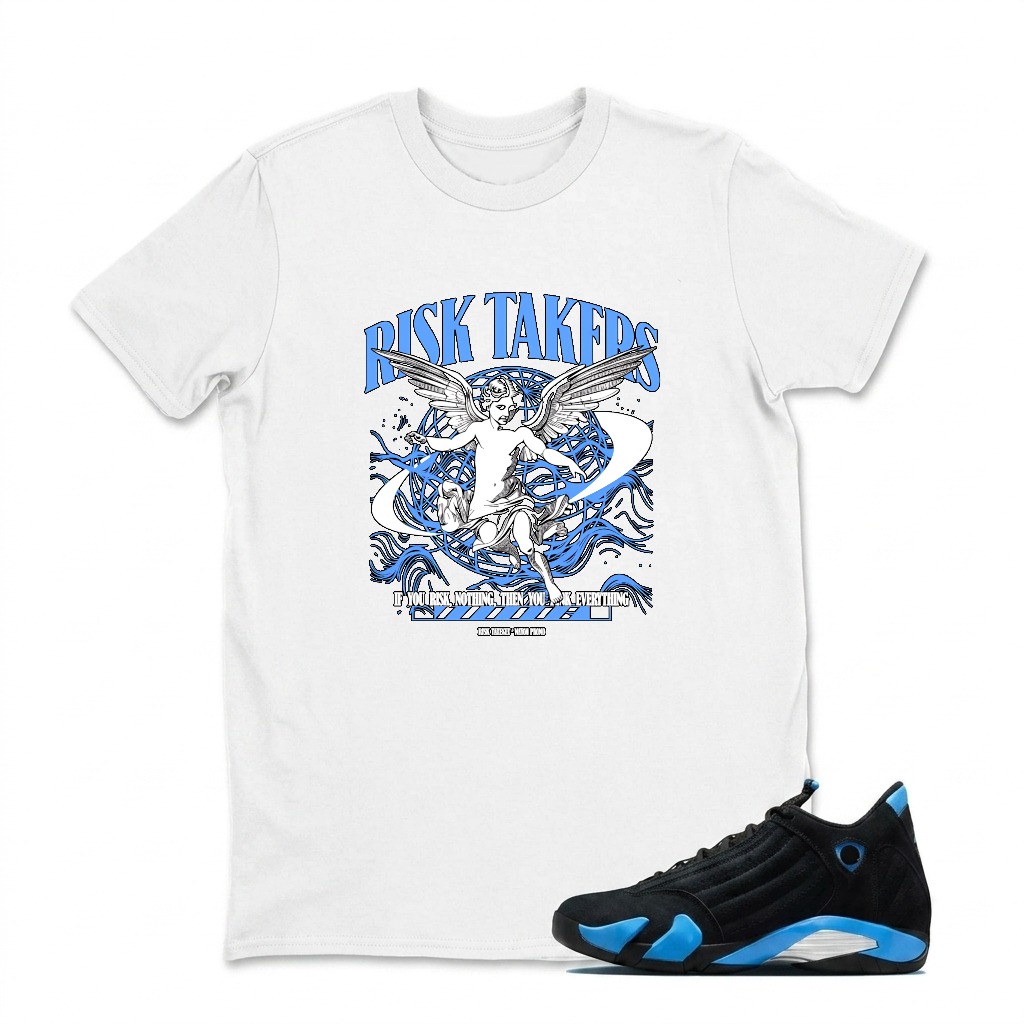 Risk Takers Angel Design Blue Flames Sneaker T Shirt Matching Jordan 14 University Blue