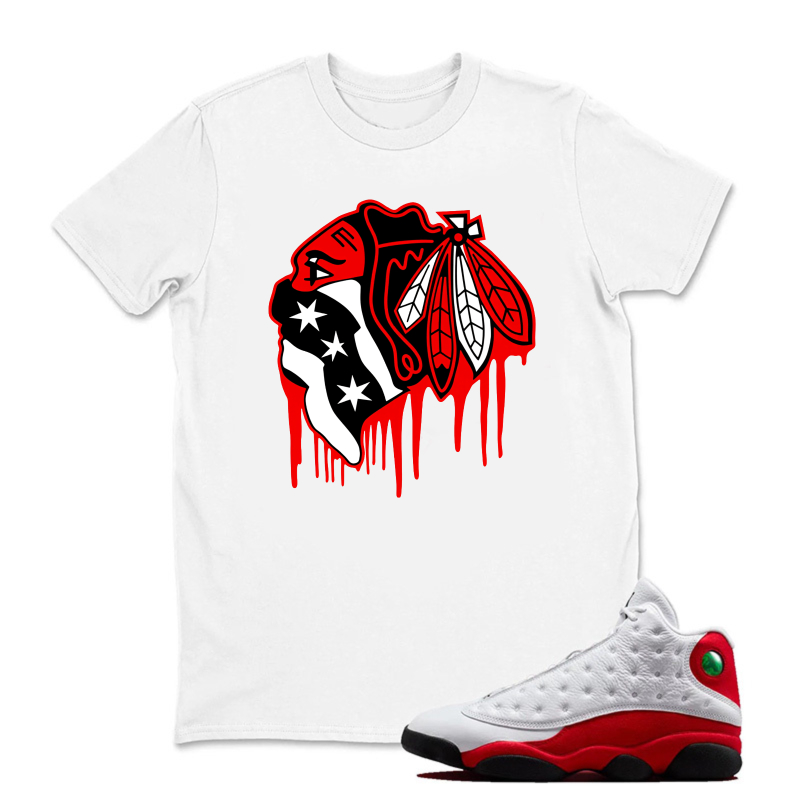 Chicago Blackhawks Logo Design Sneaker T Shirt Matching Jordan 13 OG Chicago Red/White