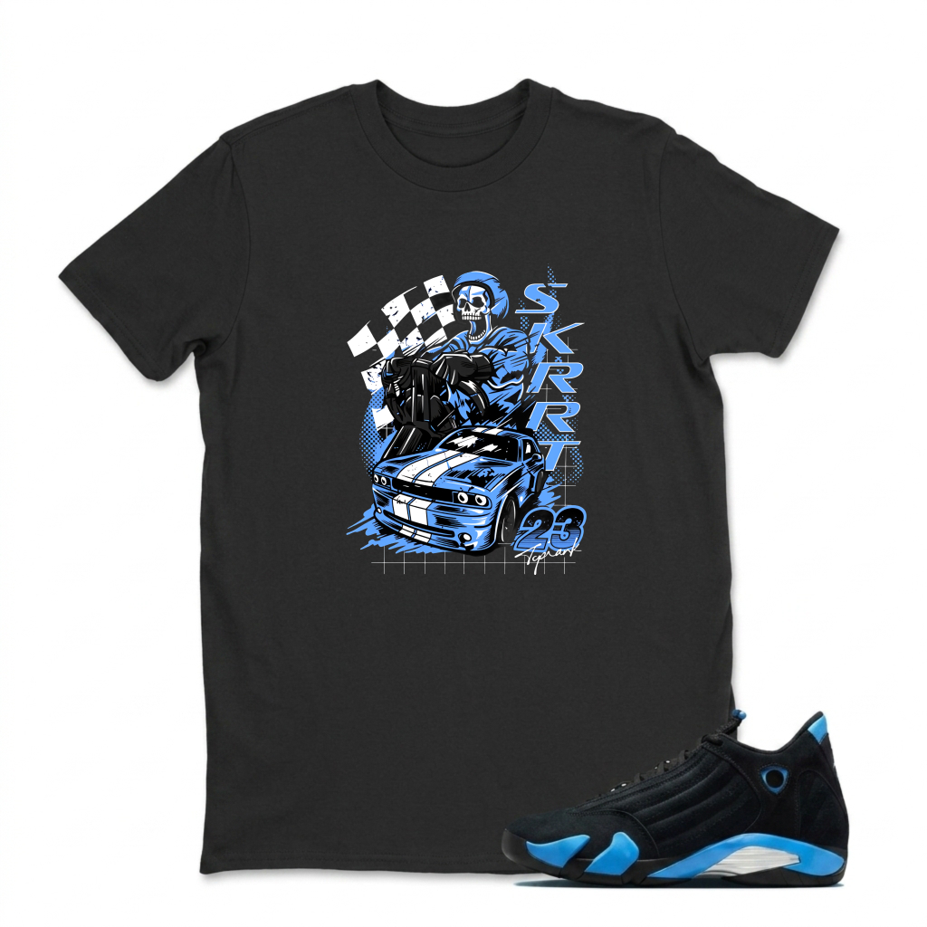Skull Racing Car Checkered Flag Sneaker T Shirt Matching Jordan 14 University Blue