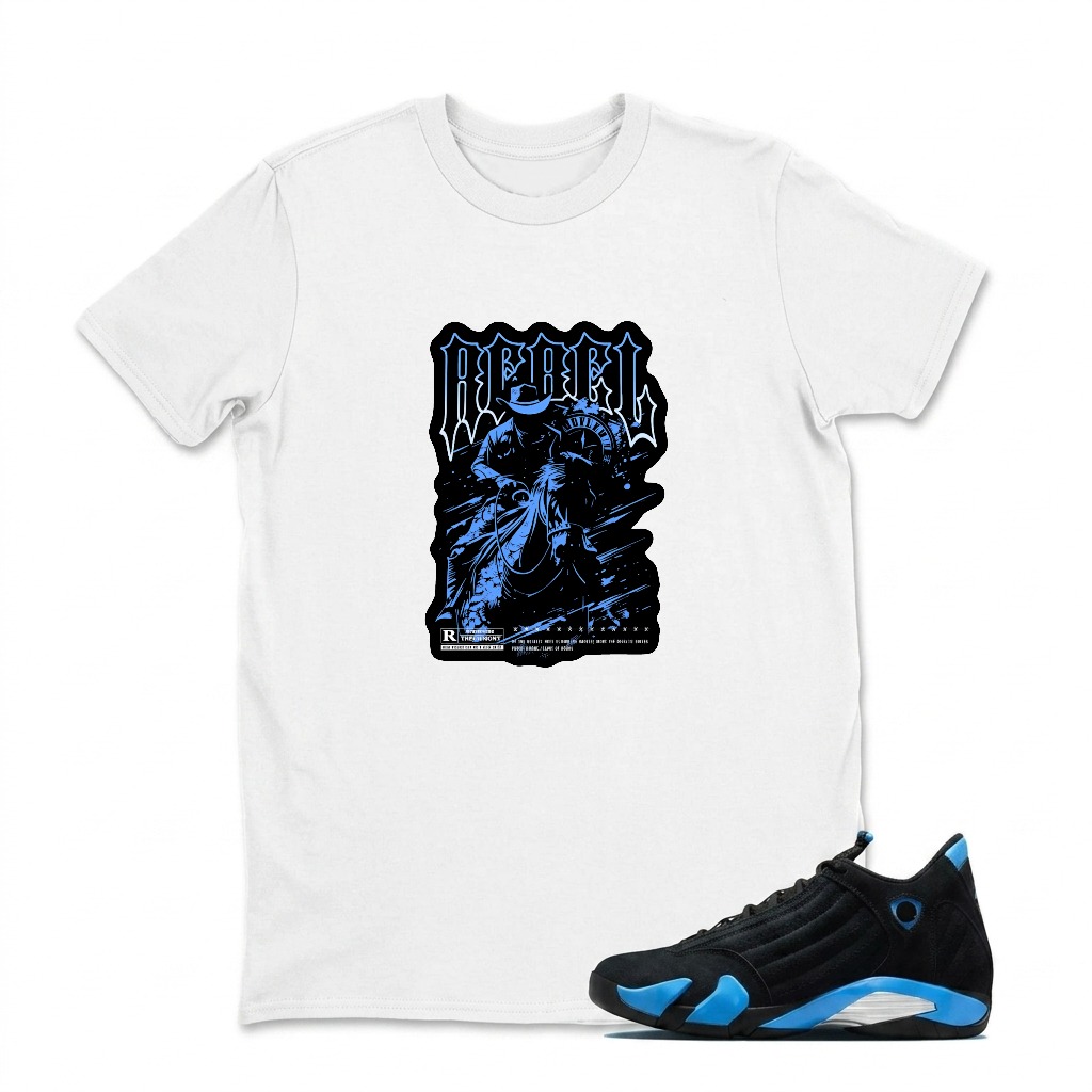 Rebel Rider Graphic Design Print Sneaker T Shirt Matching Jordan 14 University Blue