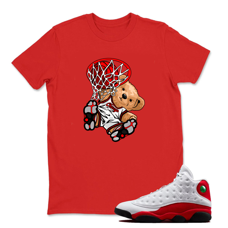 Teddy Bear Basketball Dunking Net Sneaker T Shirt Matching Jordan 13 OG Chicago Red/White