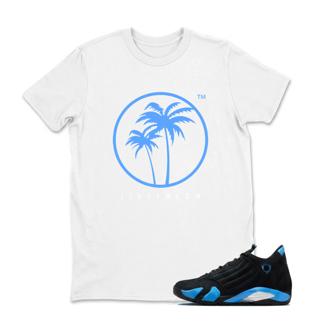 Blue Palm Trees Circle Logo Sneaker T Shirt Matching Jordan 14 University Blue