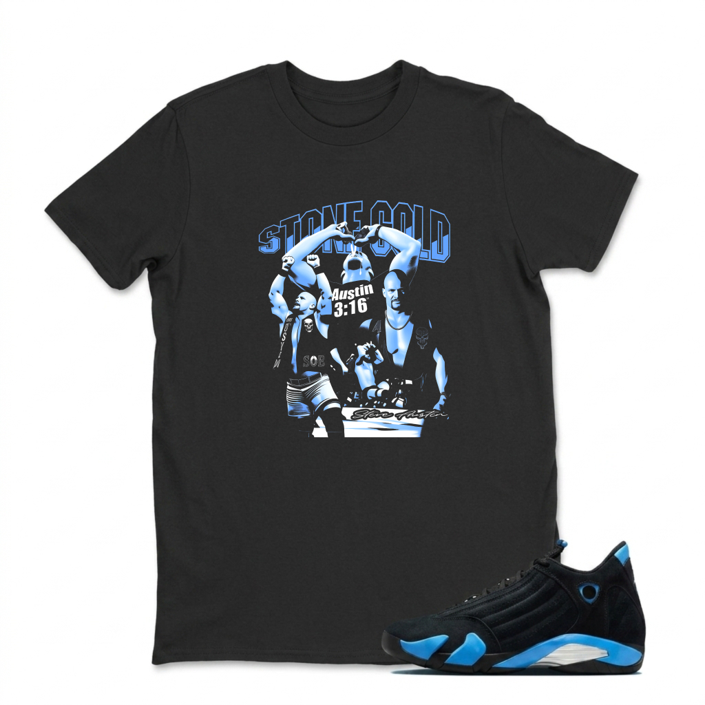 Stone Cold Wrestling Action Scene Sneaker T Shirt Matching Jordan 14 University Blue