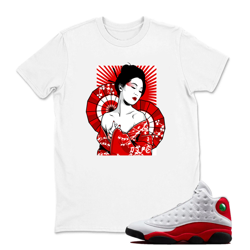 Geisha Fan Red Background Art Sneaker T Shirt Matching Jordan 13 OG Chicago Red/White