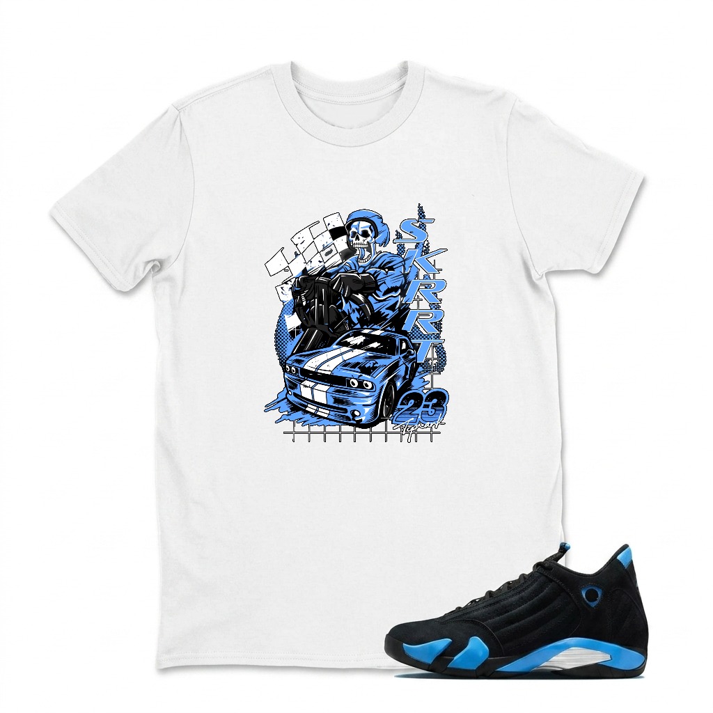 Skull Racing Car Checkered Flag Sneaker T Shirt Matching Jordan 14 University Blue
