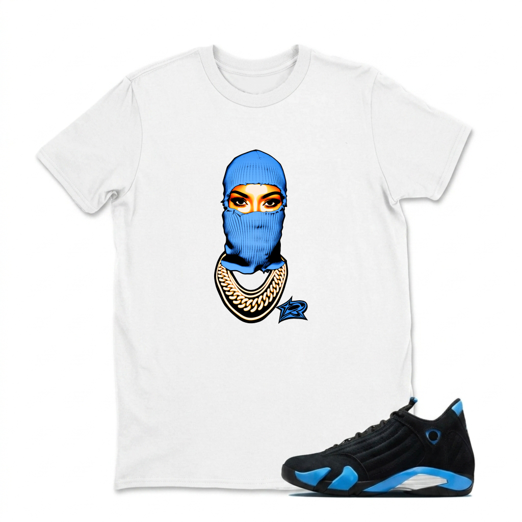 Blue Balaclava Face Chain Logo Sneaker T Shirt Matching Jordan 14 University Blue