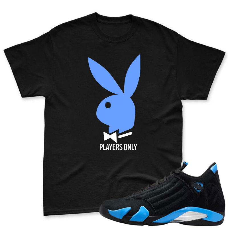 Blue Bunny With Bow Tie Players Only Shirt To Match Jordan 14 Black And University Blue - Sneaker Match Shirt