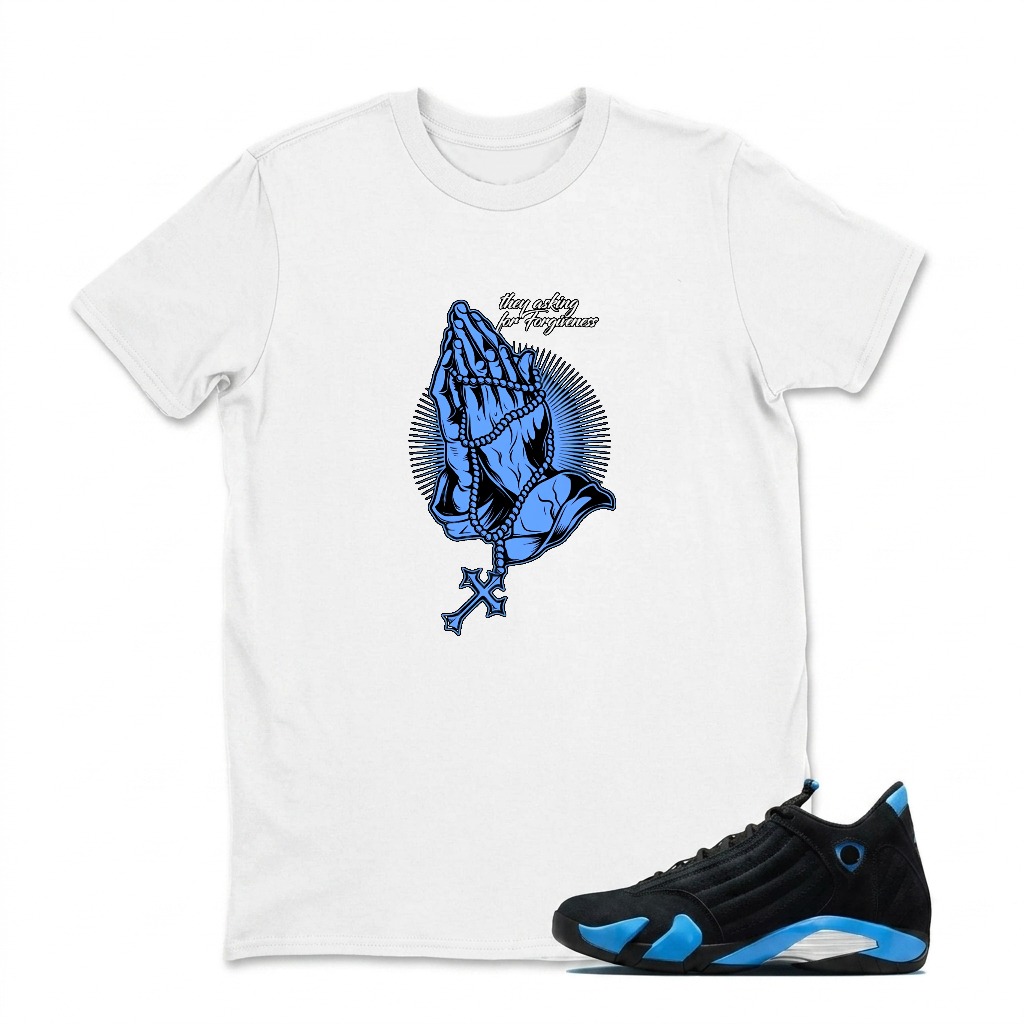 Praying Hands With Cross And Rosary Sneaker T Shirt Matching Jordan 14 University Blue