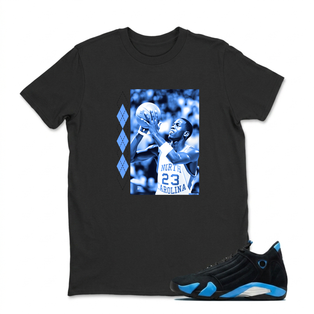 Basketball Player In Action Pose Sneaker T Shirt Matching Jordan 14 University Blue