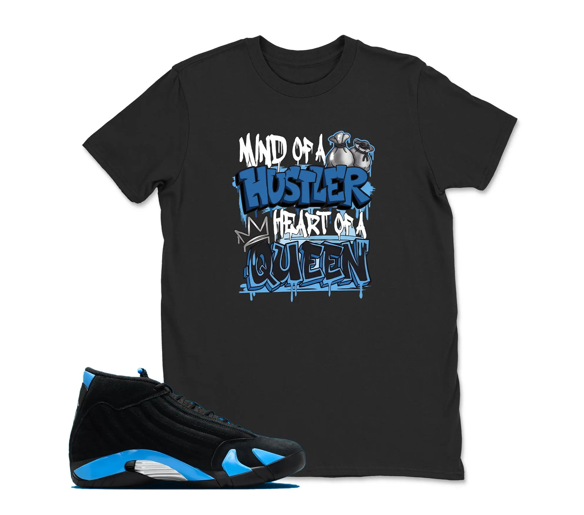 QEEN Sneaker Tees - Jordan 14 University Blue Matching Sneaker Tee Shirt Black