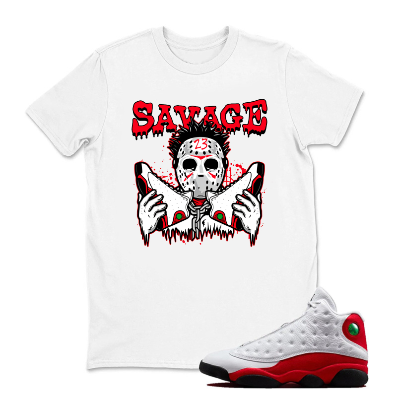 Savage Masked Figure Holding Knives Sneaker T Shirt Matching Jordan 13 OG Chicago Red/White