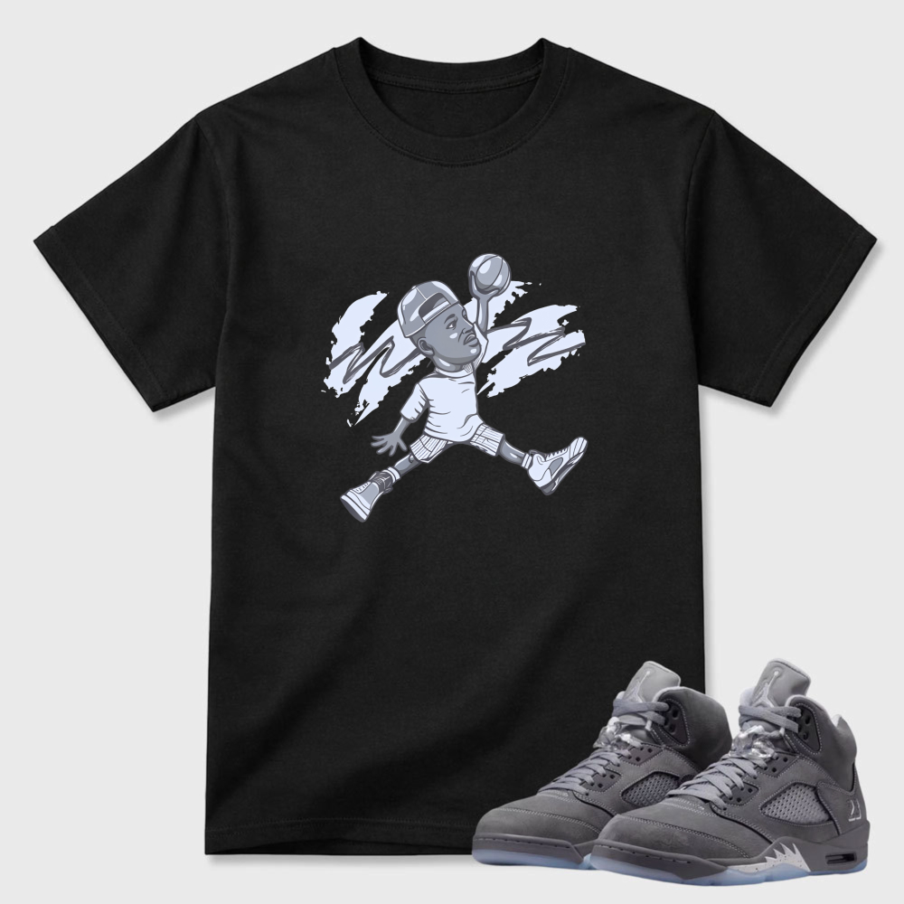 Basketball Player In Motion Pose Sneaker T Shirt Matching Air Jordan 5 Wolf Grey