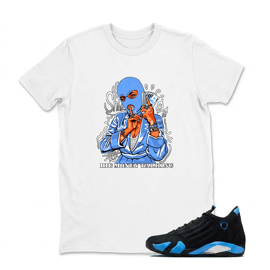 Blue Masked Figure Holding Phone Sneaker T Shirt Matching Jordan 14 University Blue