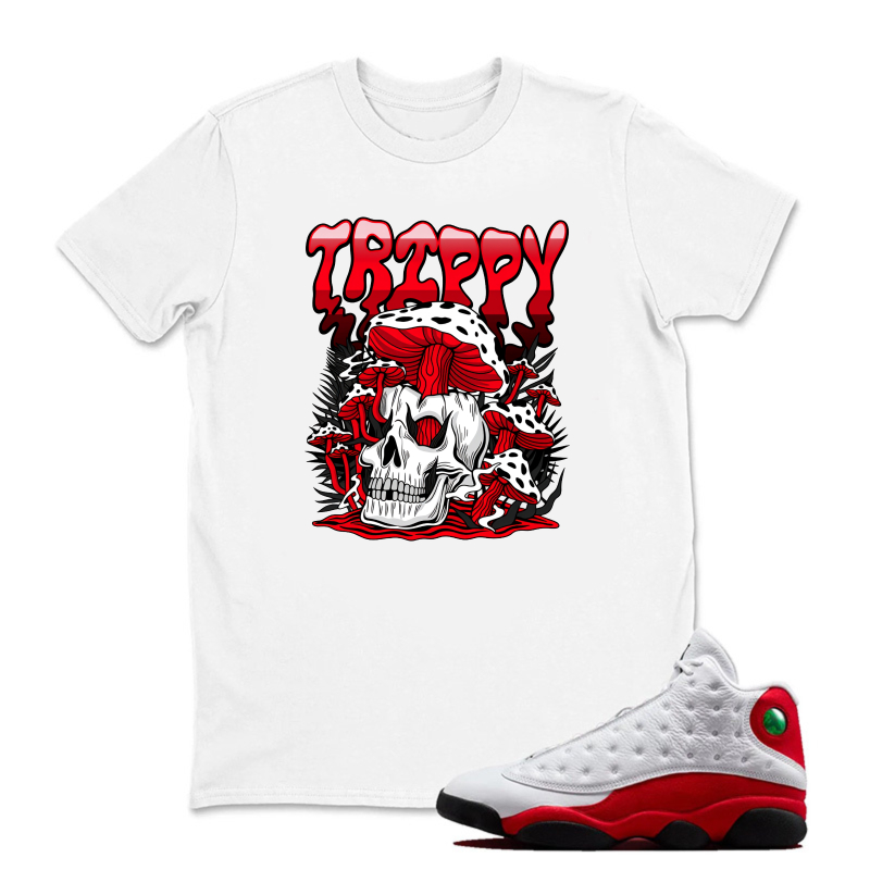 Skull Mushroom Red Text Pattern Sneaker T Shirt Matching Jordan 13 OG Chicago Red/White