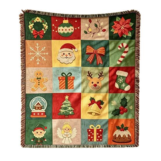 Cute Christmas Grid Pattern Woven Throw Blanket with Fringe