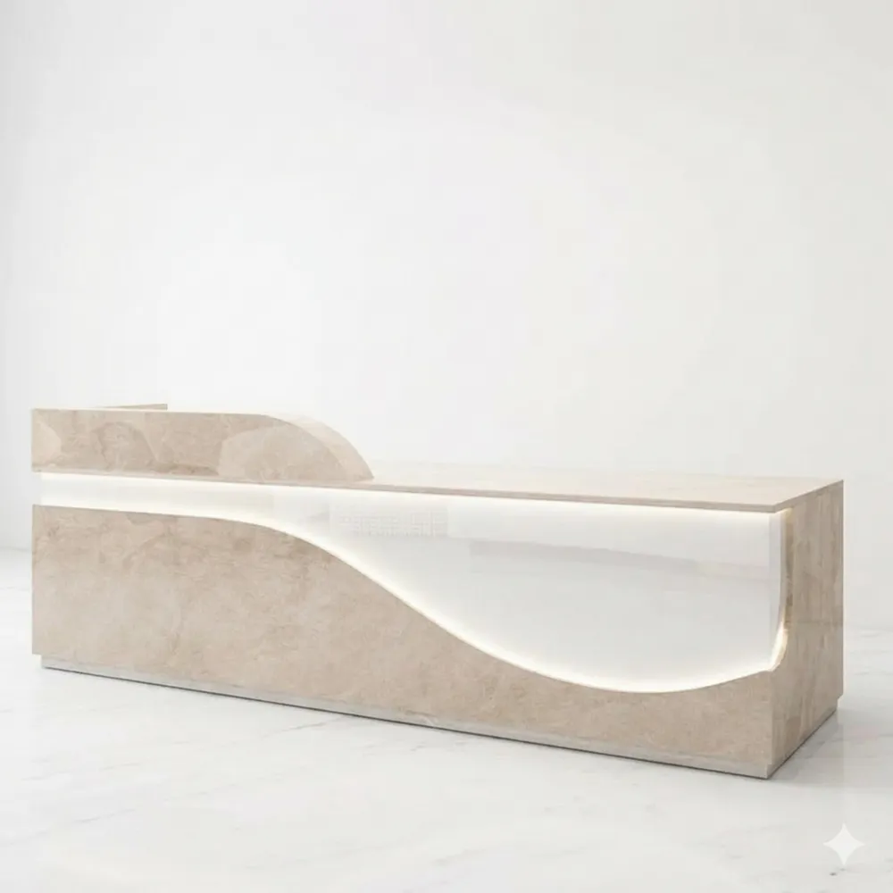 Empfangstheke mit Lichtstreifen für Lobby und Salon, Holzoptik, Beige und Weiß, 1,3 m