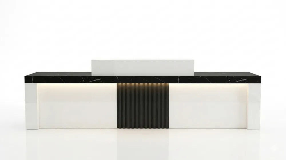 Empfangstheke mit Stauraum und offenen Fächern 240x60x100cm, weiße Steinoptik links