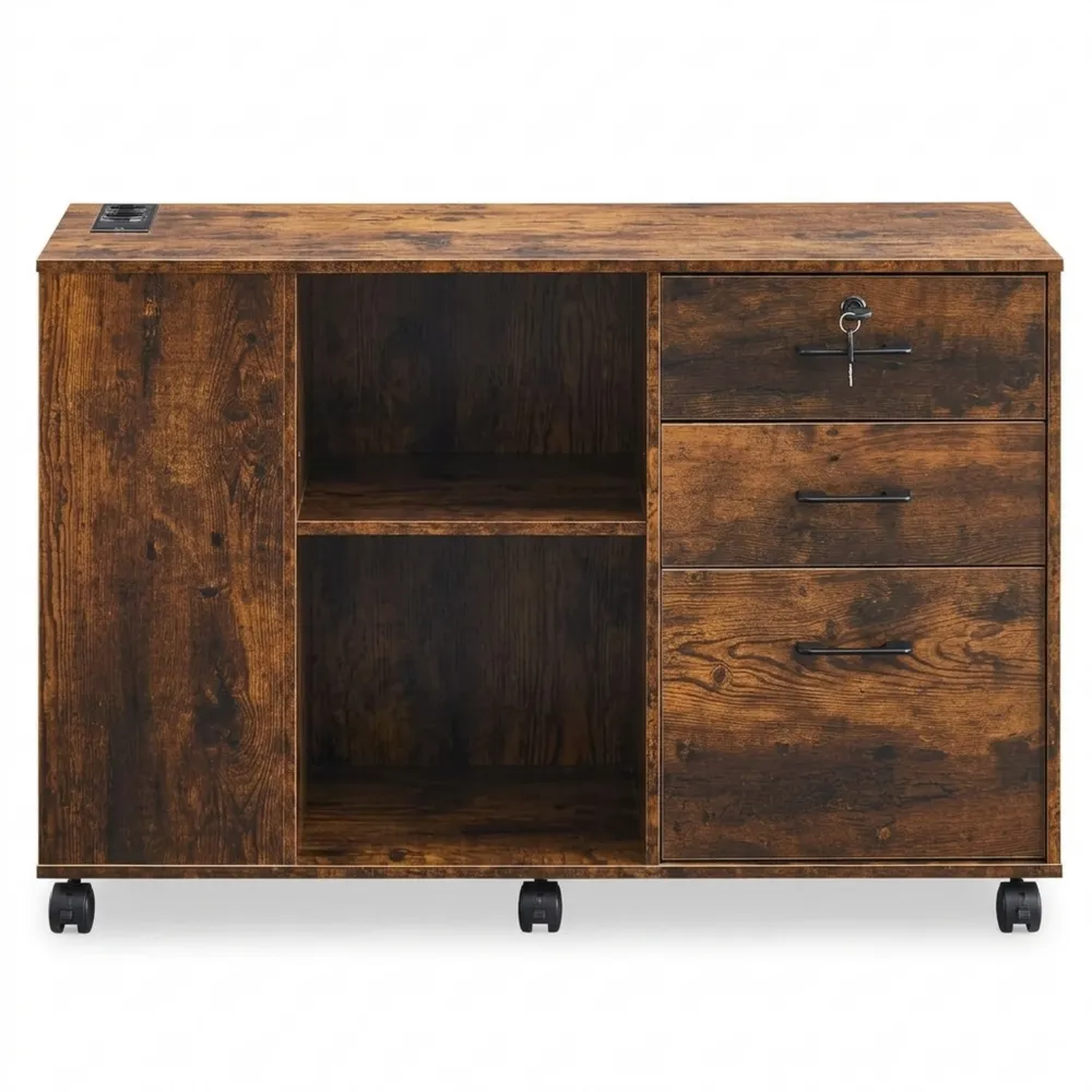 Mobiler Aktenschrank mit Schubladen und Steckdose, abschließbar, für Büro oder Zuhause, Braun