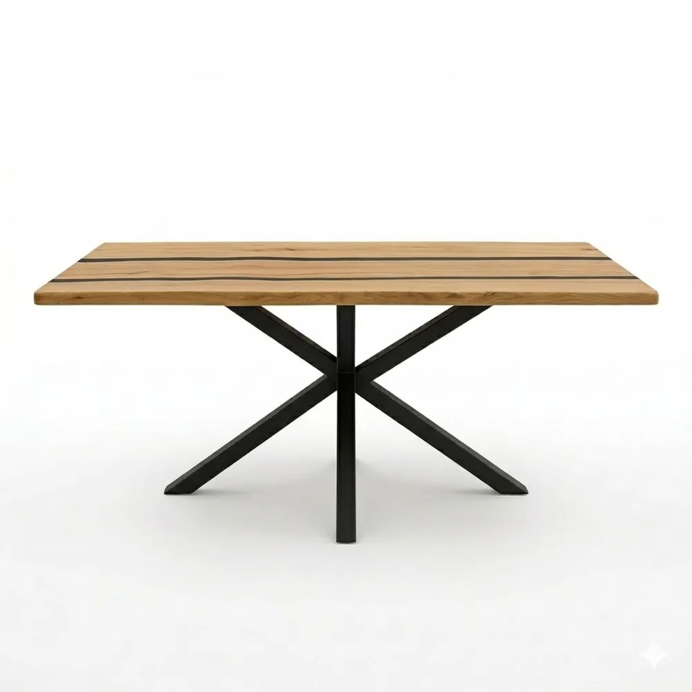 Massiver Esstisch aus Akazienholz mit Schwarzem Epoxidharz-Fluss