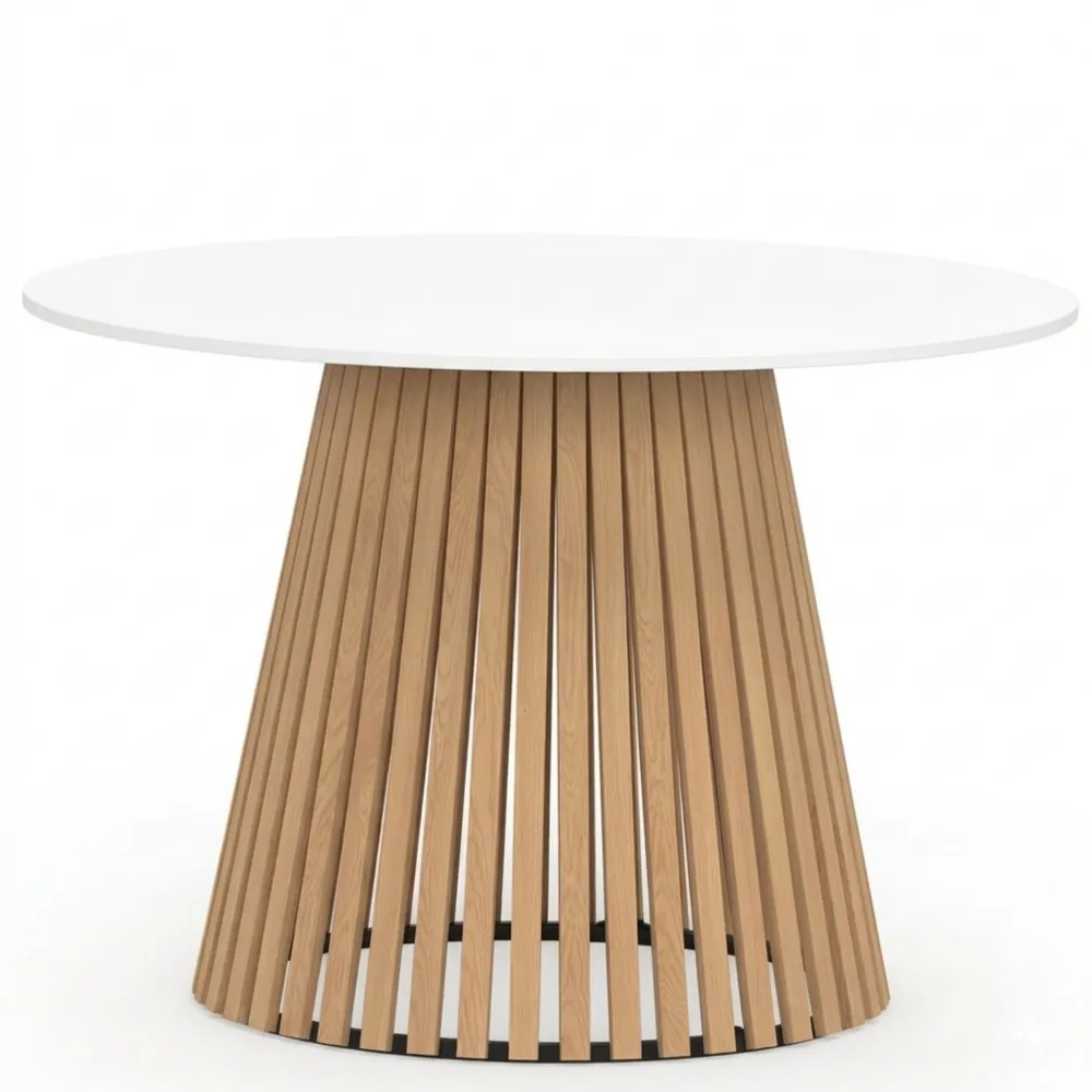 Runder Esstisch für 6 Personen mit Holzfuß und weißer Platte, 110 cm