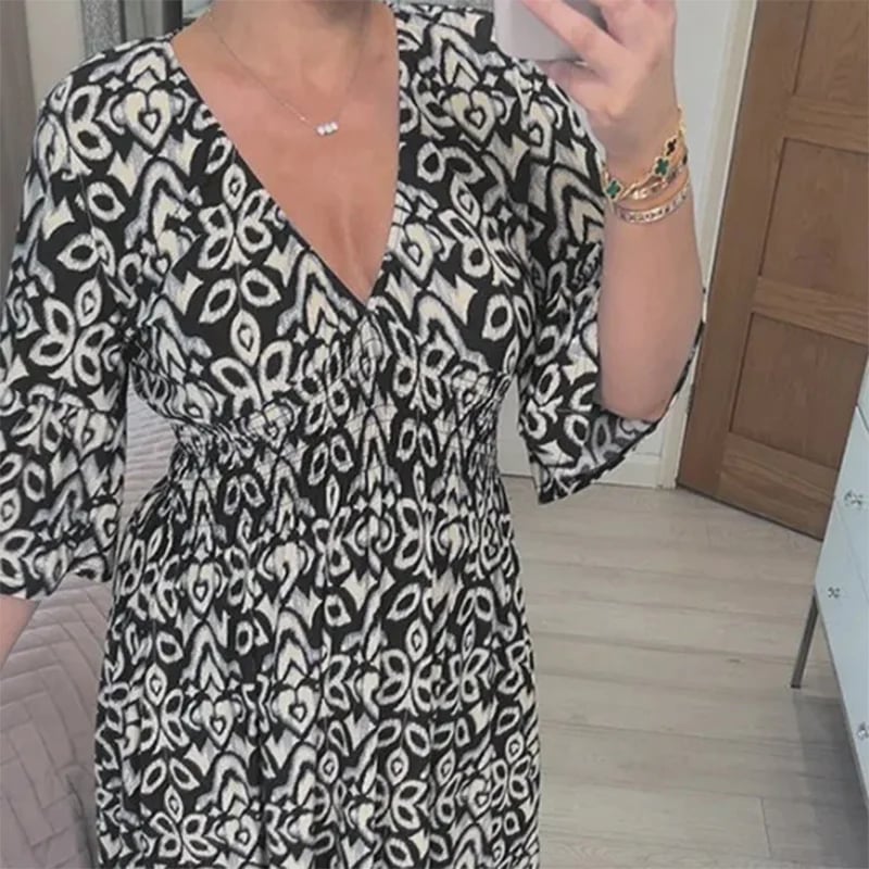 🔥HOT SALE - 49% OFF🔥Casual Print V-Neck Waist Wrap Long Dress