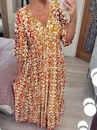 🔥HOT SALE - 49% OFF🔥Casual Print V-Neck Waist Wrap Long Dress