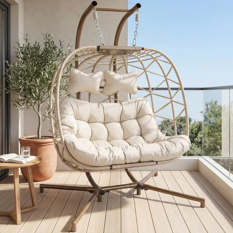 💝Warehouse Clearance，Buy 2 Get 2 Free💝Oversized Outdoor Double Swing Egg Chair, 700 lbs Capacity 2-Person Hanging Egg Chair Swing with Cushion