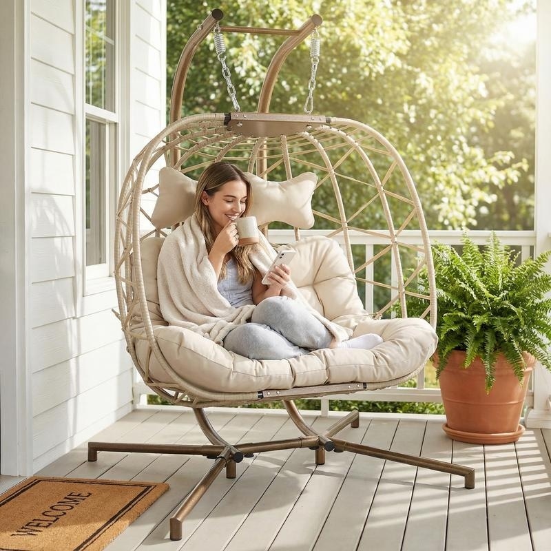 flyout slide 2 of 8, Oversized Outdoor Double Swing Egg Chair, 700 lbs Capacity 2-Person Hanging Egg Chair Swing with Cushion