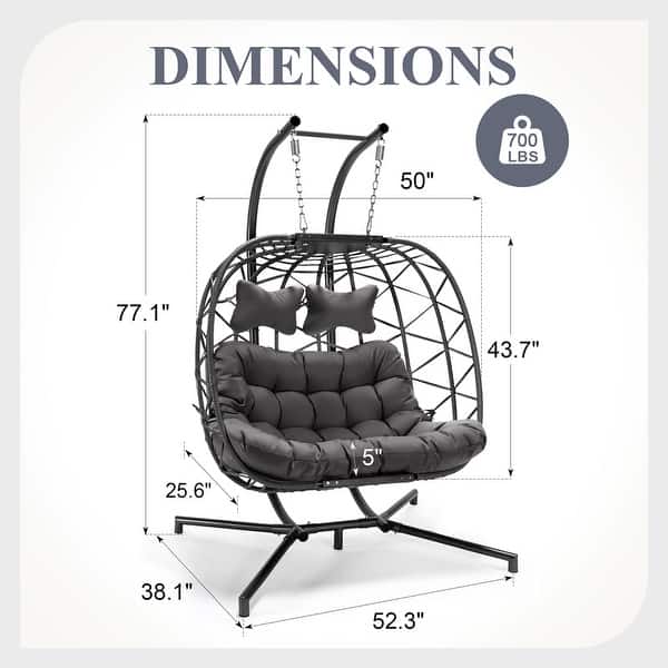 dimension image slide 1 of 6, Oversized Outdoor Double Swing Egg Chair, 700 lbs Capacity 2-Person Hanging Egg Chair Swing with Cushion