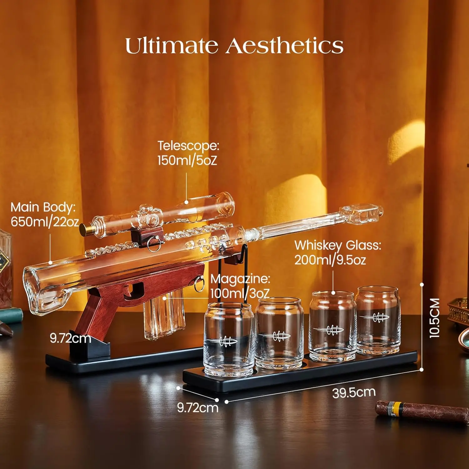 Man Cave Bar accessories, Gifts for Dads, Kollea 22 Oz Whiskey Decanter Set and 4 Glasses with 5 Oz Sighting Telescope, Unique Anniversary Birthday Fathersdaygift Ideas for Him Men Grandpa, Cool Gun Liquor Decanter for Bar Novelty Spirit Utensils