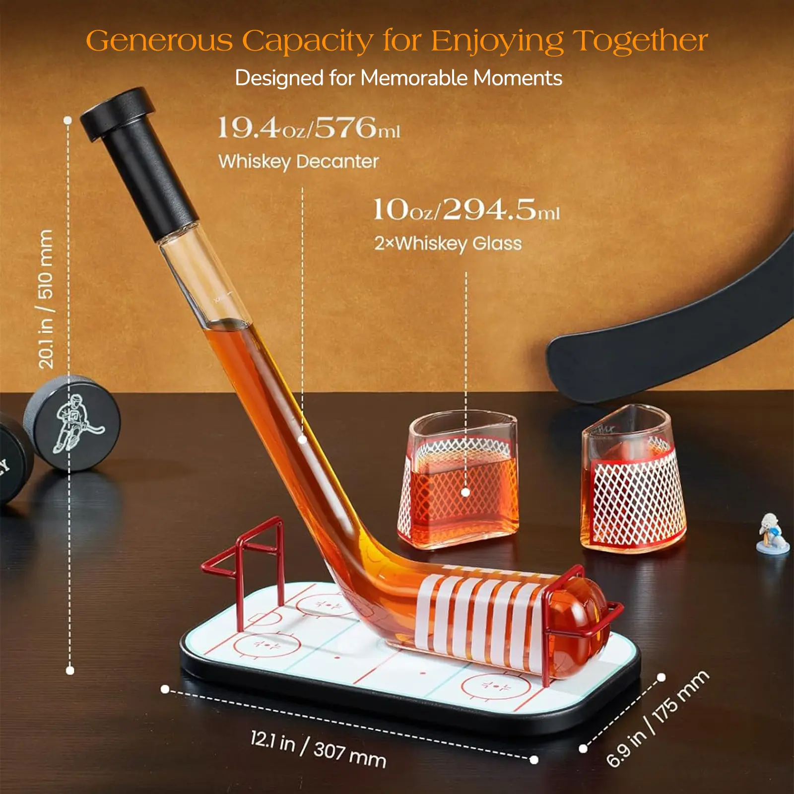 Man Cave Bar accessories, Ice Hockey Whiskey Decanter Set with 2 Goal Glasses - Hockey Stick-Shaped Bottle & Rink Base - Luxury Lead-Free Glass - Perfect for Parties & Anniversary Birthday Gifts for Men Husband Coach summerwins
