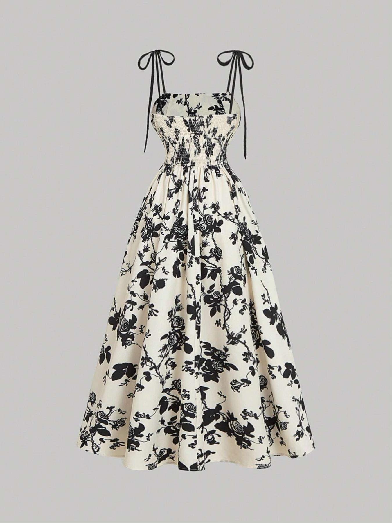 Women's Floral Print Tie Shoulder Cami Dress, Fashion Casual Sleeveless Spaghetti Strap Dress for Daily Outdoor Wear, Women Dress for Summer