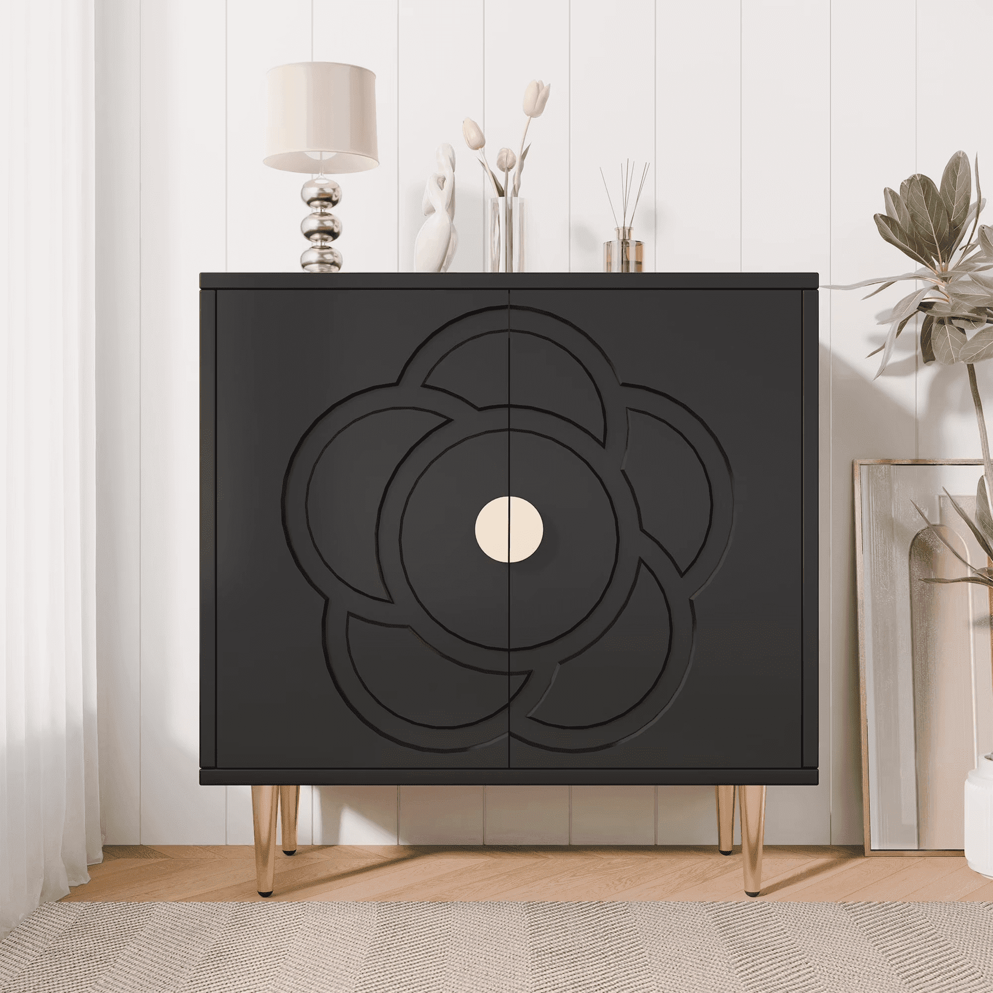 Joywind Floral Accent Cabinet with 2 Doors, Storage Sideboard Cabinet with Adjustable Shelves, Buffet Cabinet for Hallway, Living Room, Kitchen, Gray