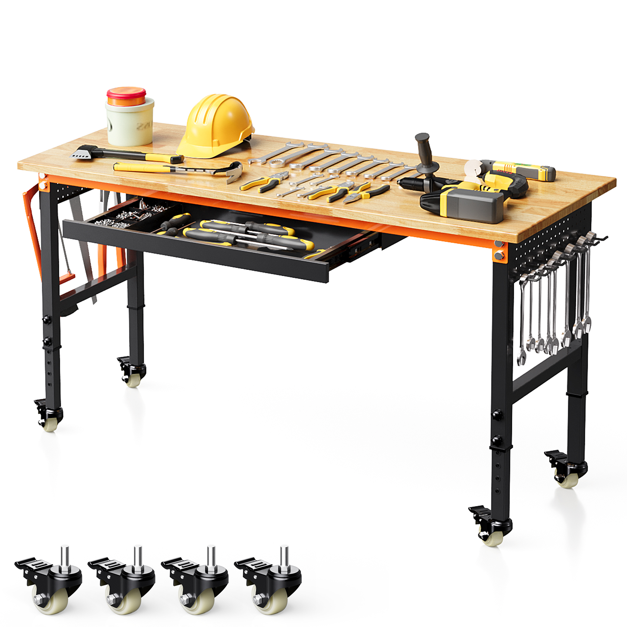 Joywind Heavy-Duty 48" Adjustable Height Workbench for Garage, Rubberwood Work Table with Locking Wheels & 2000 lb Weight Capacity