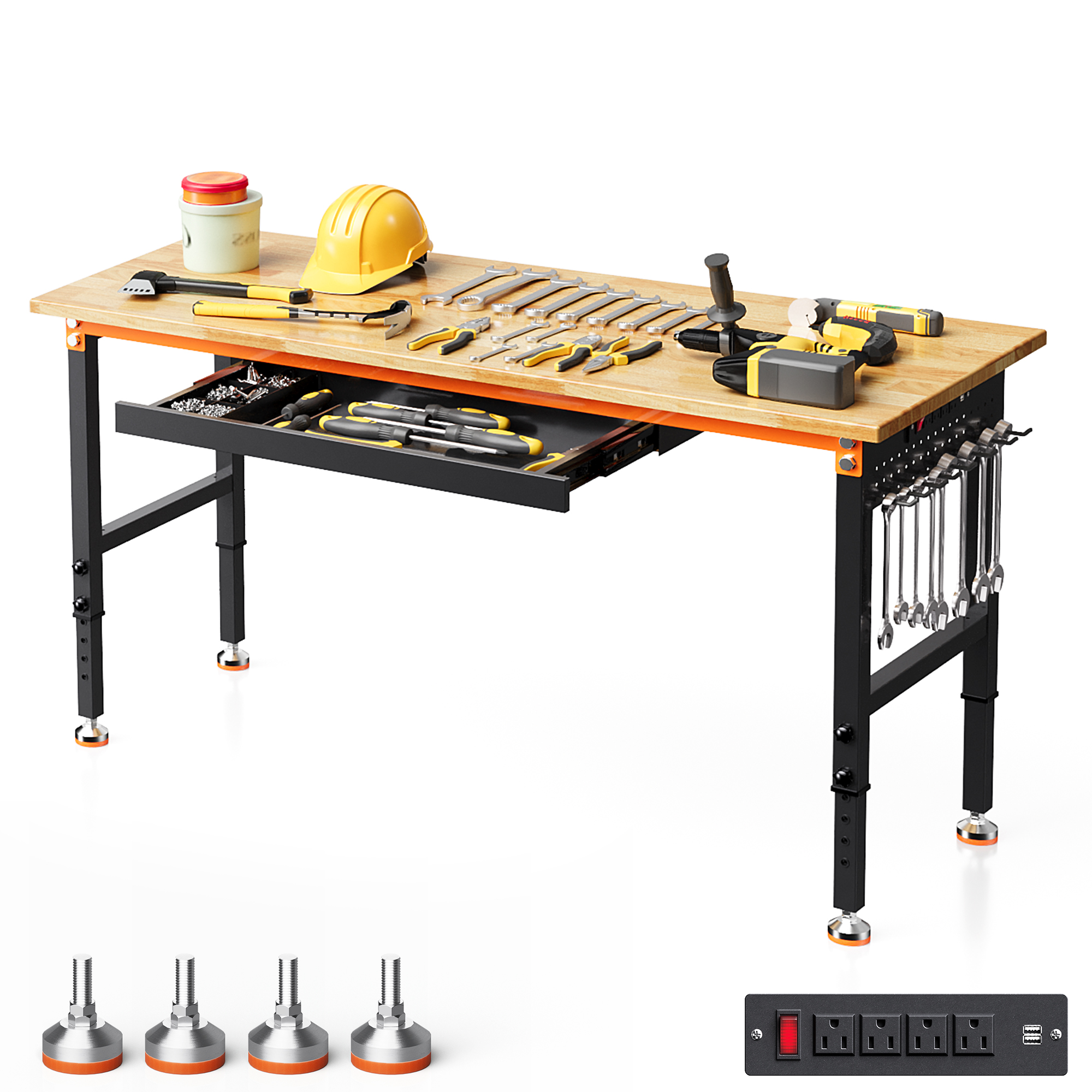 Joywind Heavy-Duty 48" Adjustable Height Workbench for Garage, Rubberwood Work Table with Locking Wheels & 2000 lb Weight Capacity